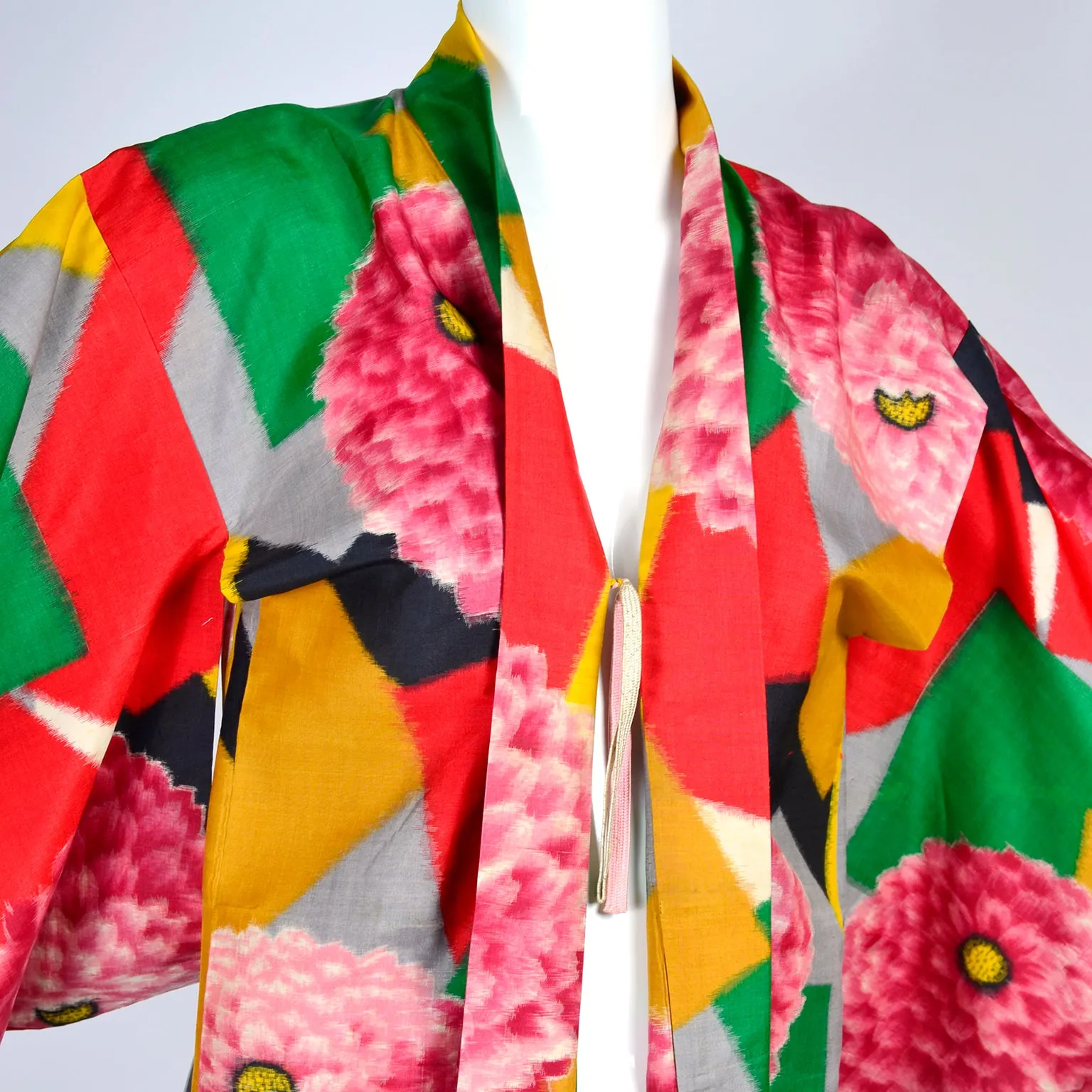 1930's Japanese Haori Silk Kimono Jacket Bold Zinnia & Patchwork Print