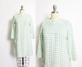 1960s Dress Linen Green Beige Windowpane Plaid S