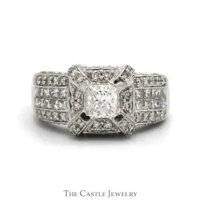 2cttw Princess Cut Diamond Ring with Diamond Halo and Diamond Accented Sides in 14k White Gold