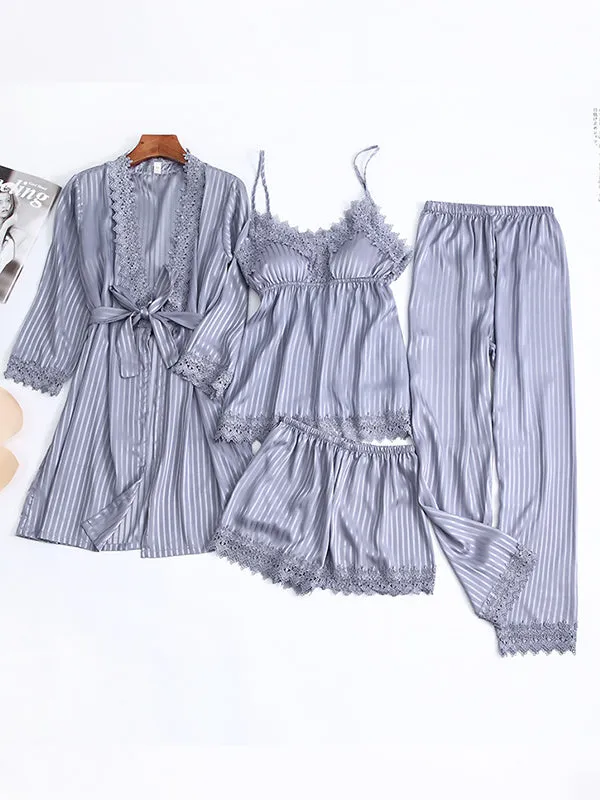 4pcs Striped Print Silk Satin Pajamas