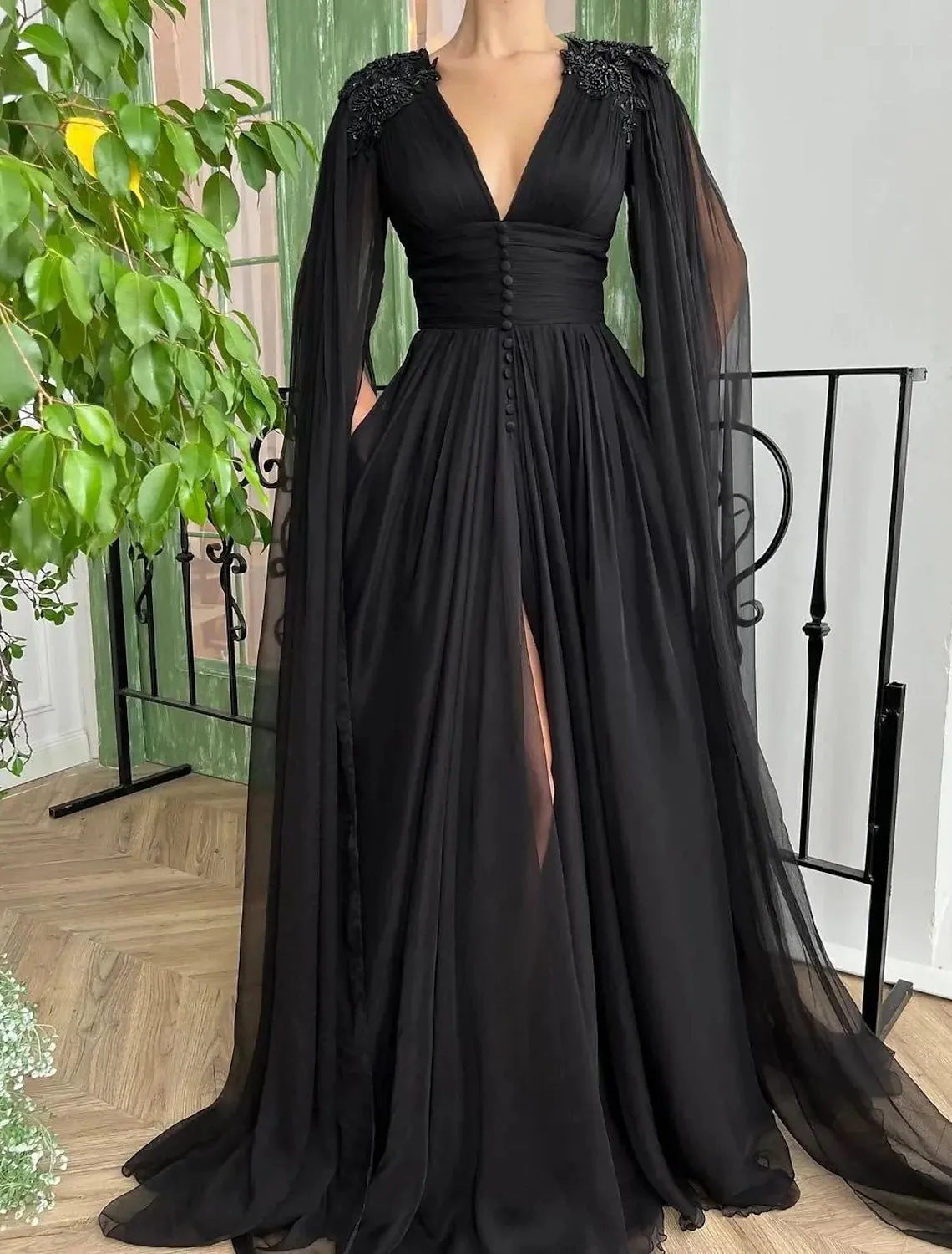 A-Line Evening Gown Black Dress Plus Size Formal Masquerade Court Train Long Sleeve V Neck Wednesday Addams Family Chiffon with Buttons Slit Appliques