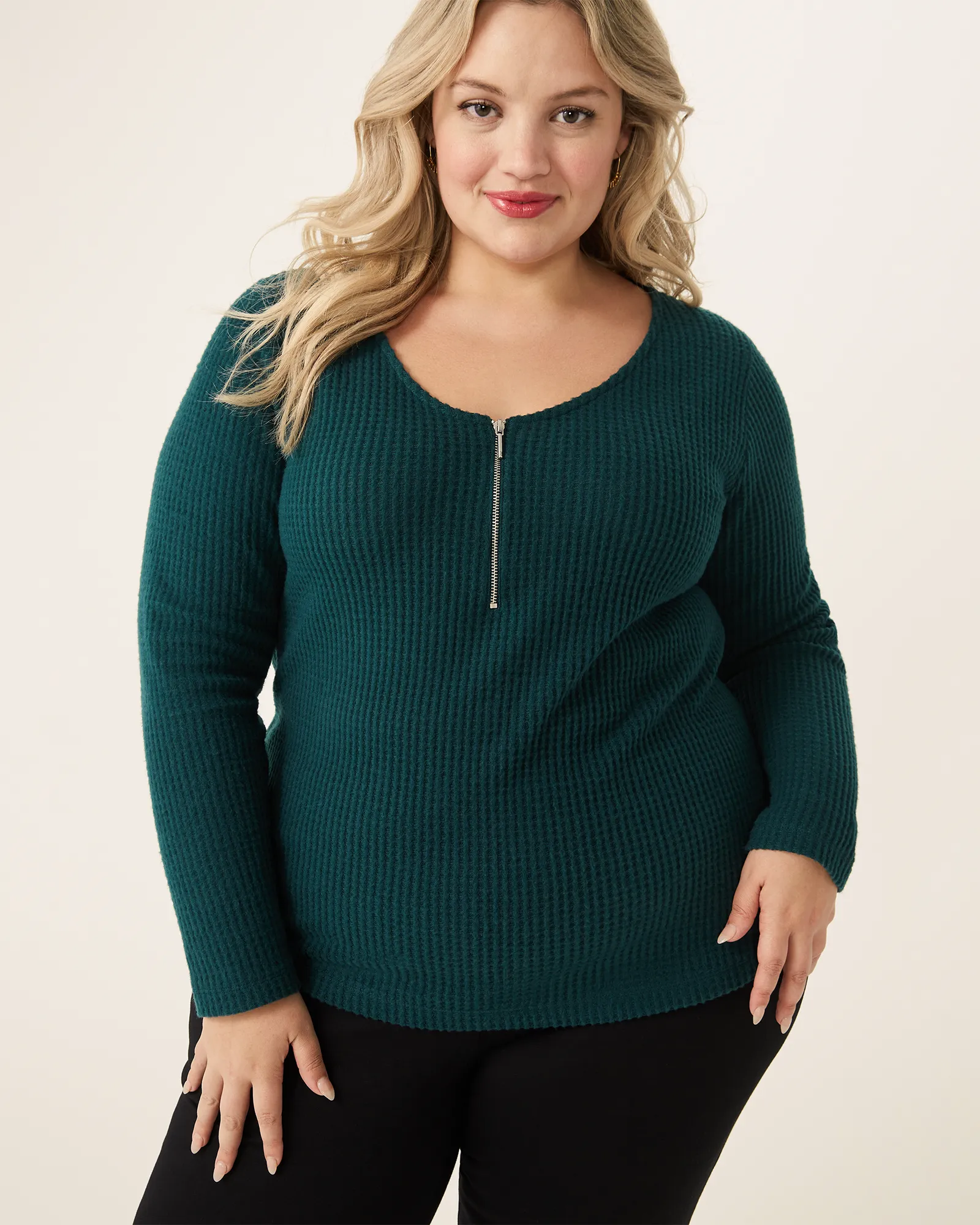 Abigail Zipper-Front Ribbed Top | Forest Green