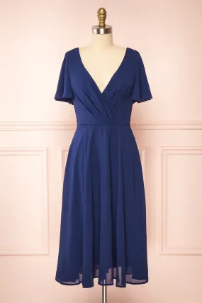 Adelie Navy | V-Neck Chiffon Midi Dress