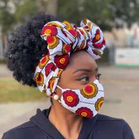 African headwrap   face mask (Premium set) - White red disks