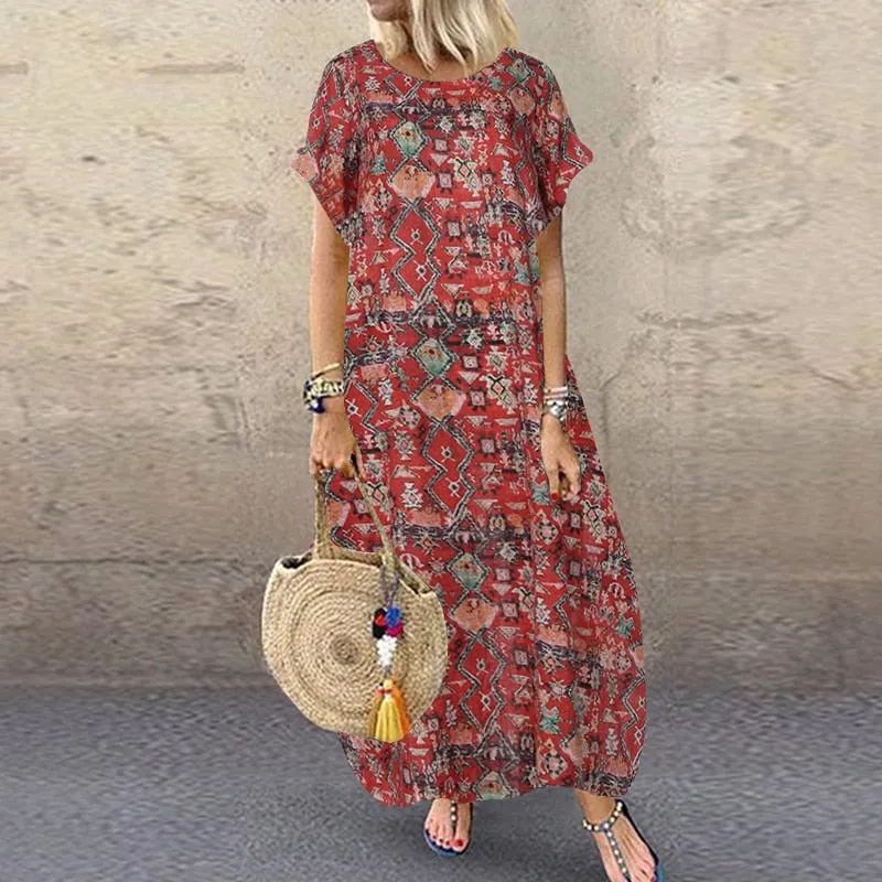 Amy Fashion - Casual Vintage Short Sleeve Floral Printed Vestido Female Robe