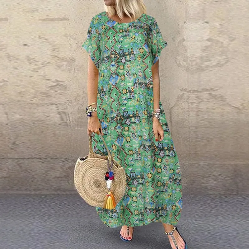 Amy Fashion - Casual Vintage Short Sleeve Floral Printed Vestido Female Robe