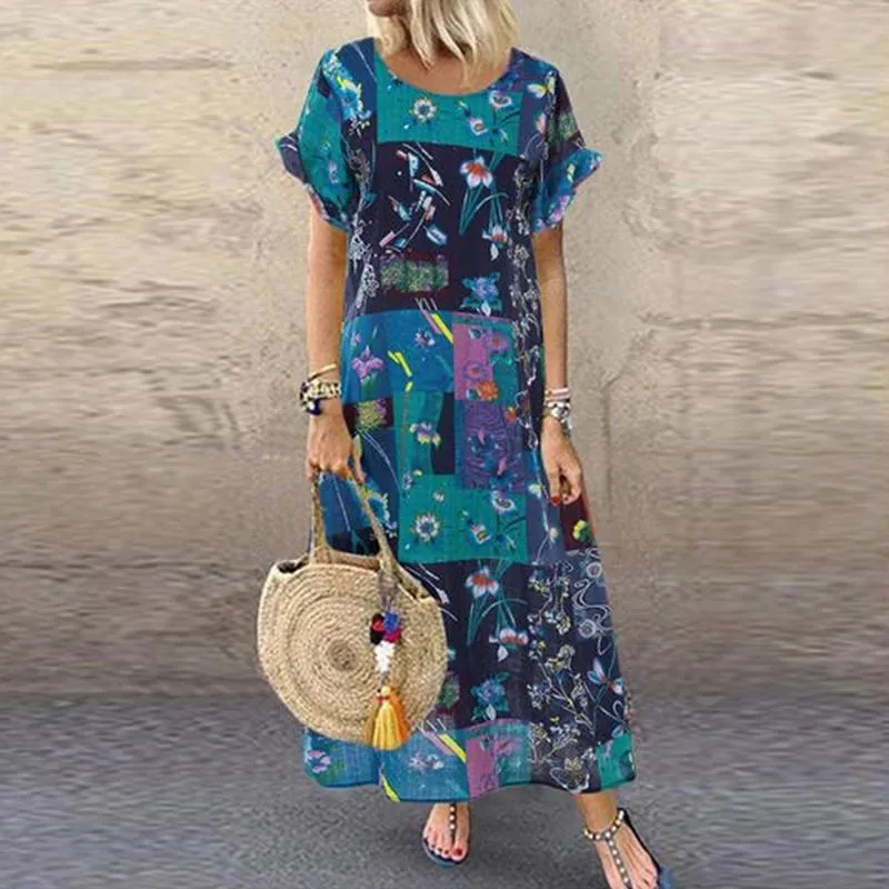 Amy Fashion - Casual Vintage Short Sleeve Floral Printed Vestido Female Robe