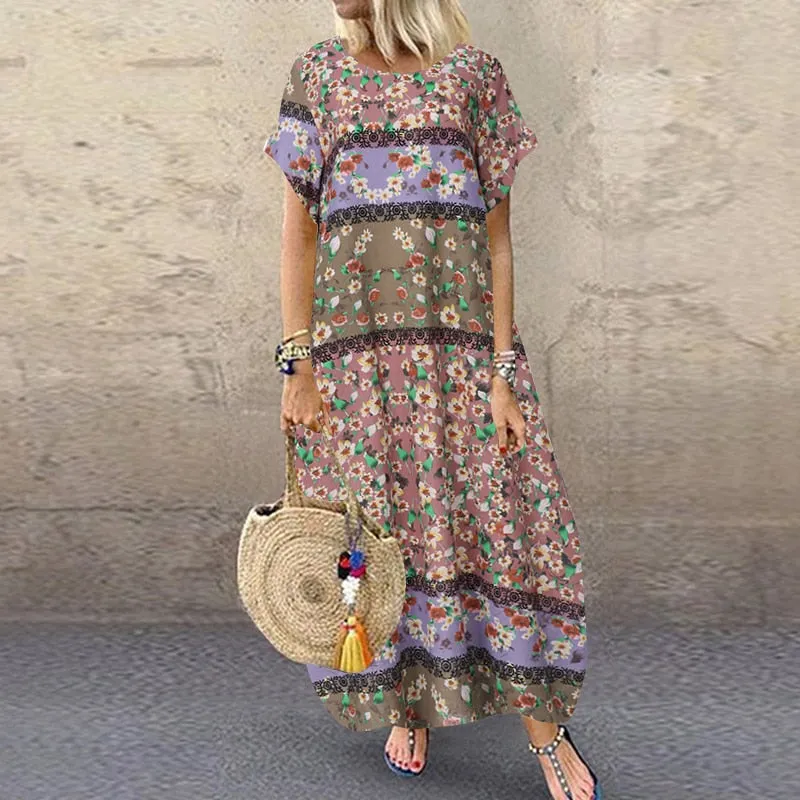 Amy Fashion - Casual Vintage Short Sleeve Floral Printed Vestido Female Robe