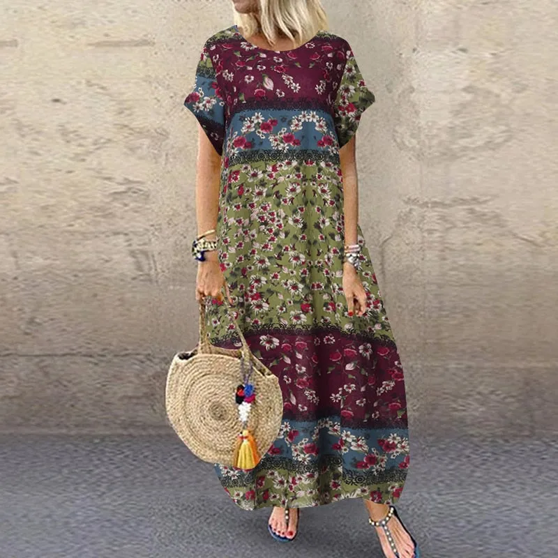 Amy Fashion - Casual Vintage Short Sleeve Floral Printed Vestido Female Robe