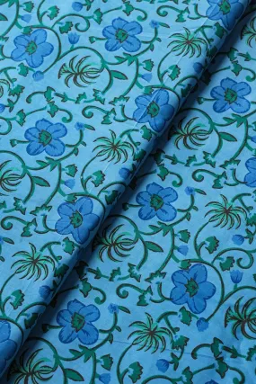 Azzure Blue And Carolina Blue Floral Print On Pure Cotton Fabric