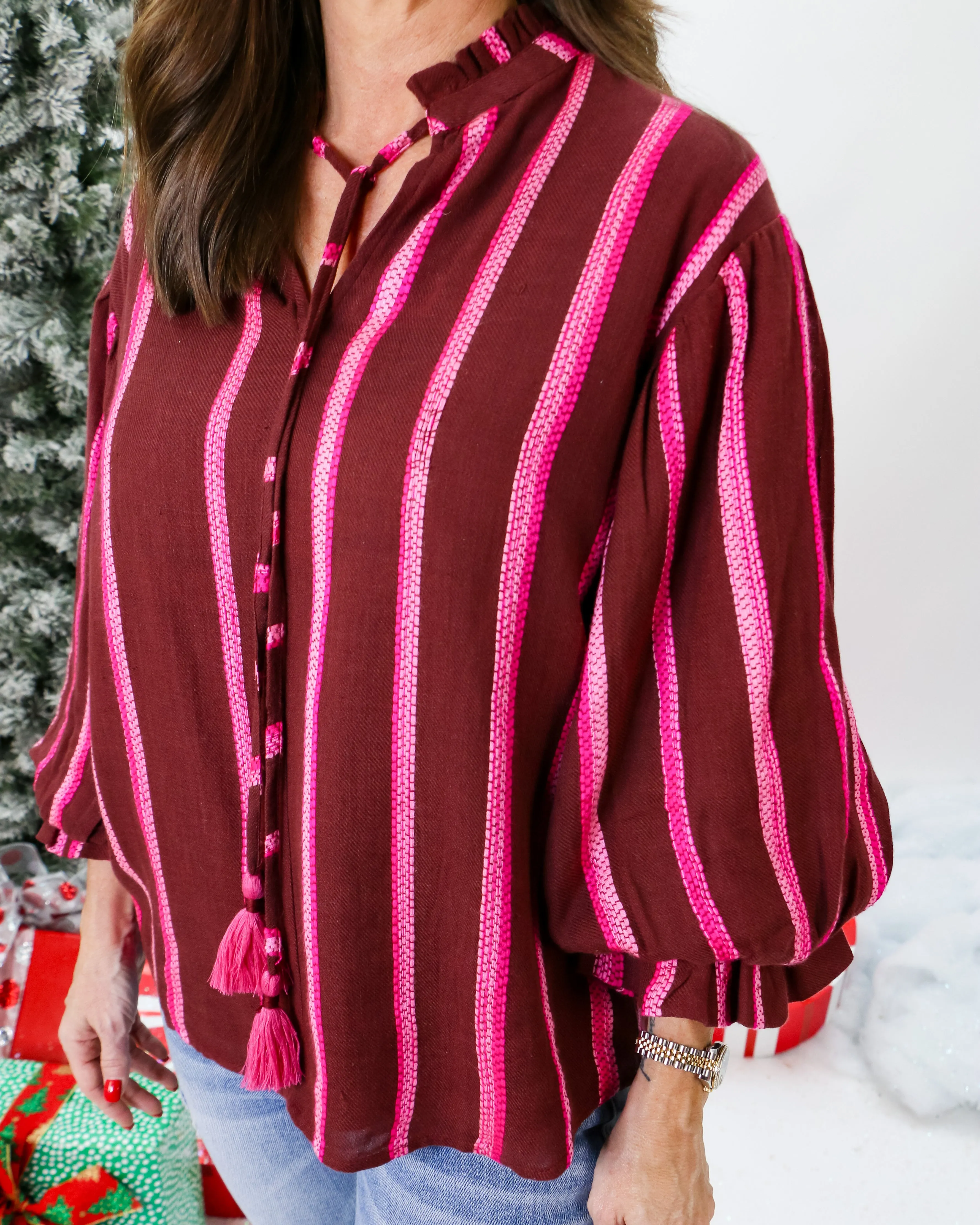 Balloon Sleeve Stripe Top in Wine