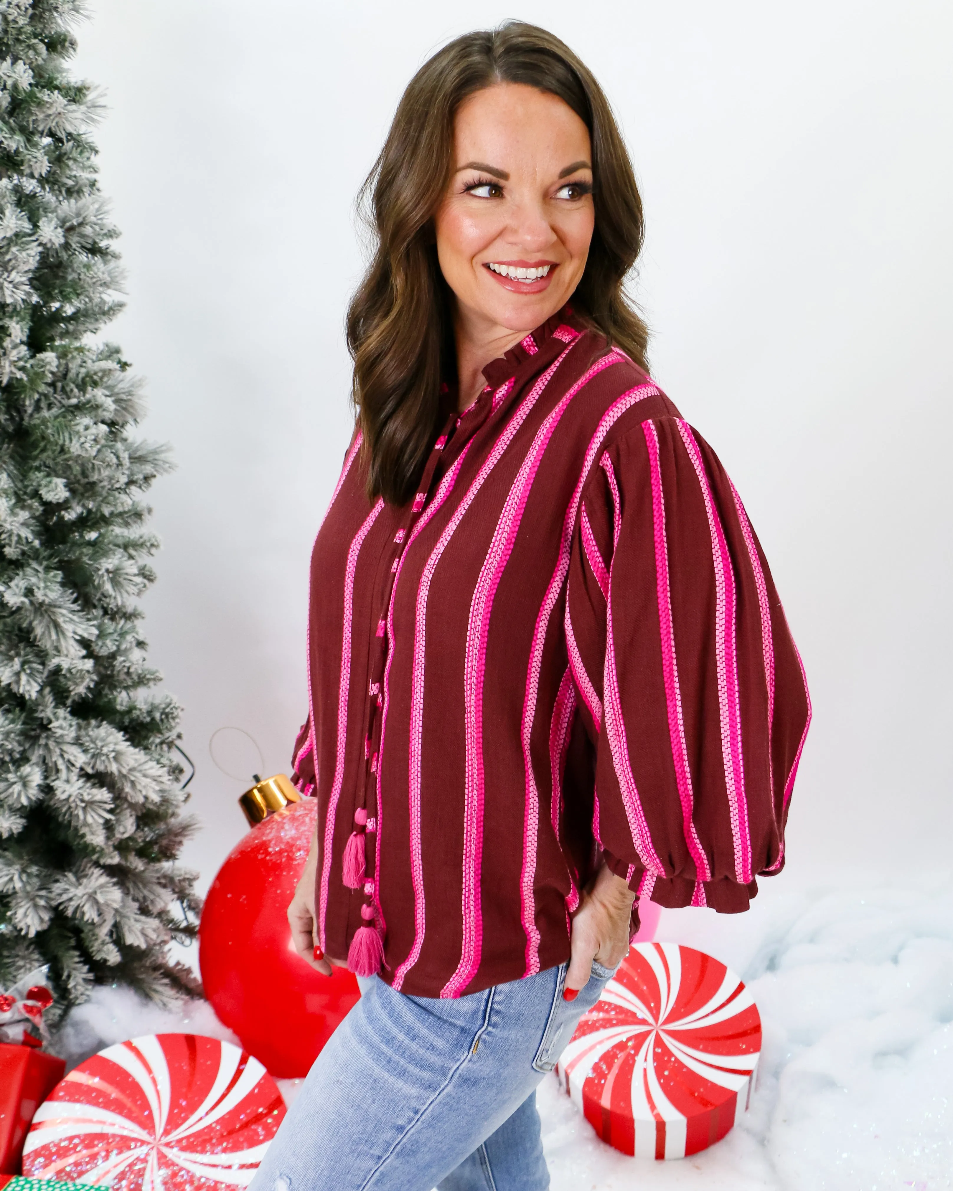 Balloon Sleeve Stripe Top in Wine