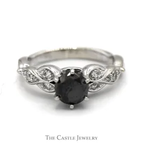 Black Diamond Solitaire Engagement Ring with Round Diamond Accents in 10k White Gold Twisted Mounting