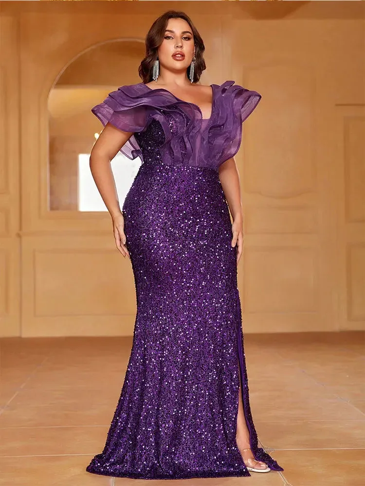 Black Plus Size V Neck Organza Sparkling Evening Gown