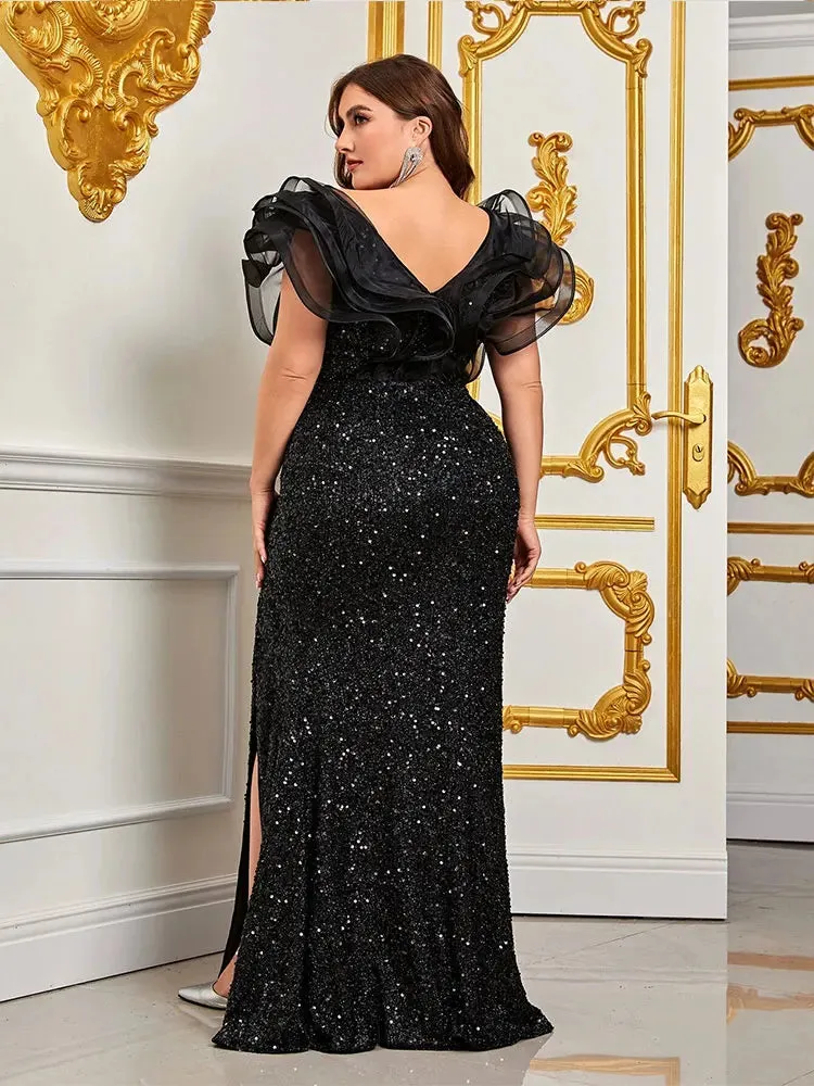 Black Plus Size V Neck Organza Sparkling Evening Gown