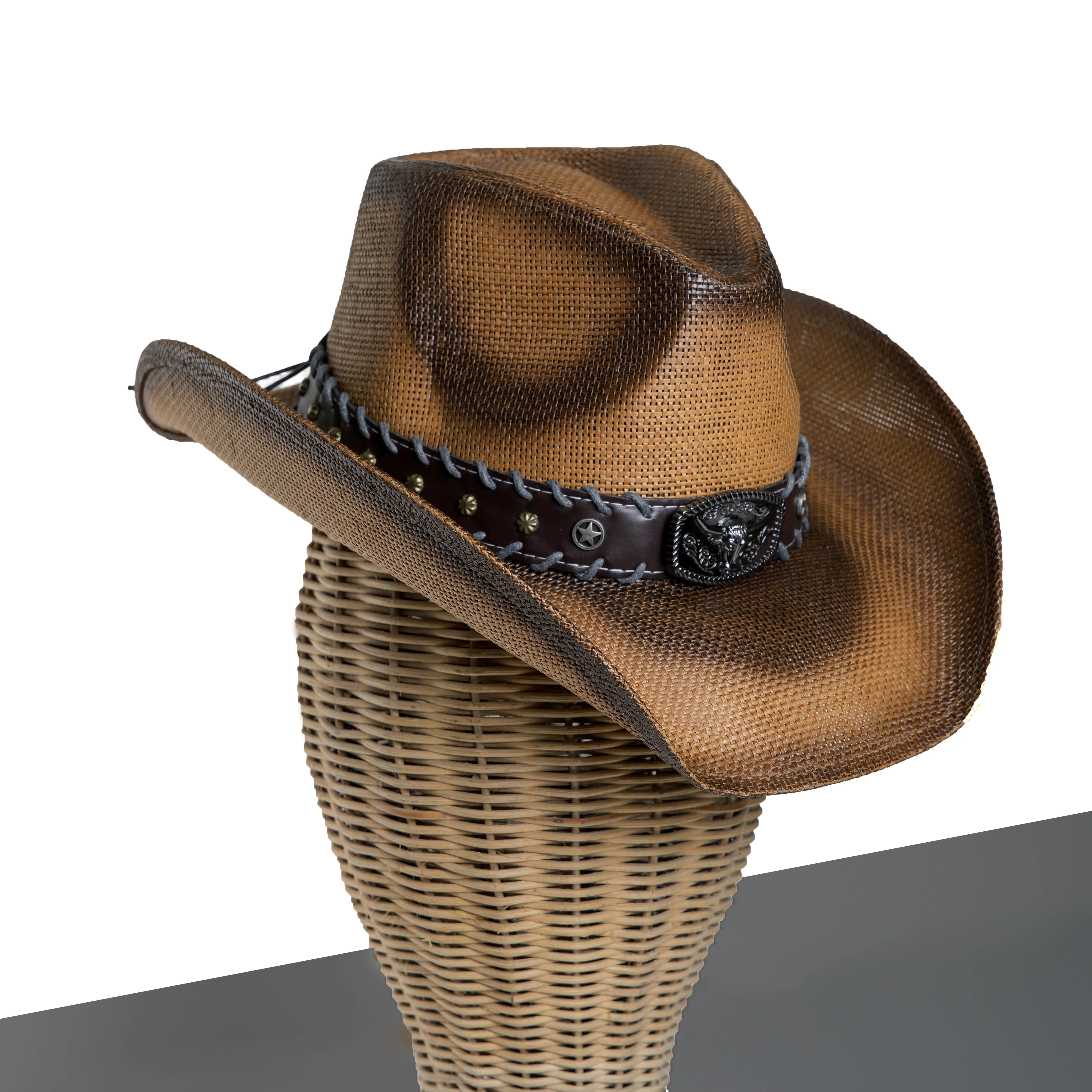 Chokore Handcrafted Straw Cowboy Hat with Bull Head Belt (Brown)