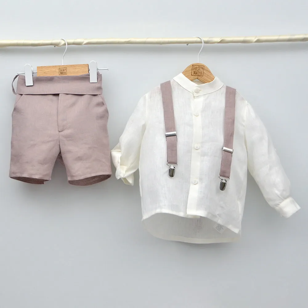 Conjunto lino Isabel con camisa cuello Mao, tirantes y pantalón con Fajín