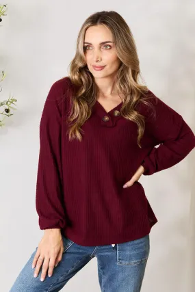 Dark Burgundy Buttoned V-Neck Long Sleeve Blouse