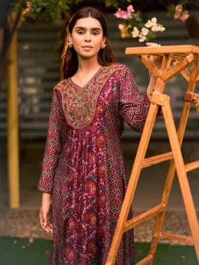 Dilshad Wine Long Printed Kurta for Women