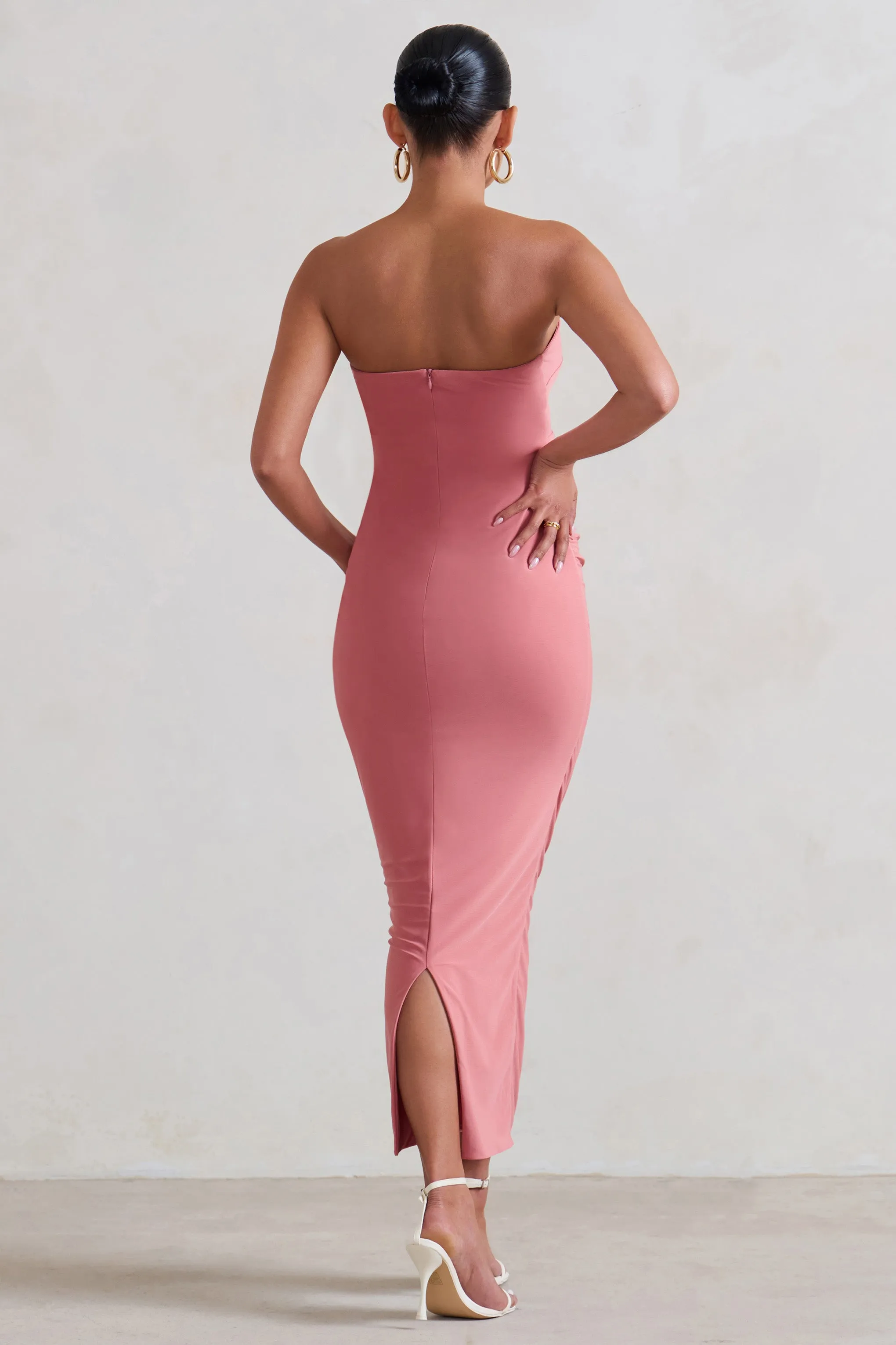 Evita | Robe mi-longue de maternité rose avec décolleté en cur et détail torsadé