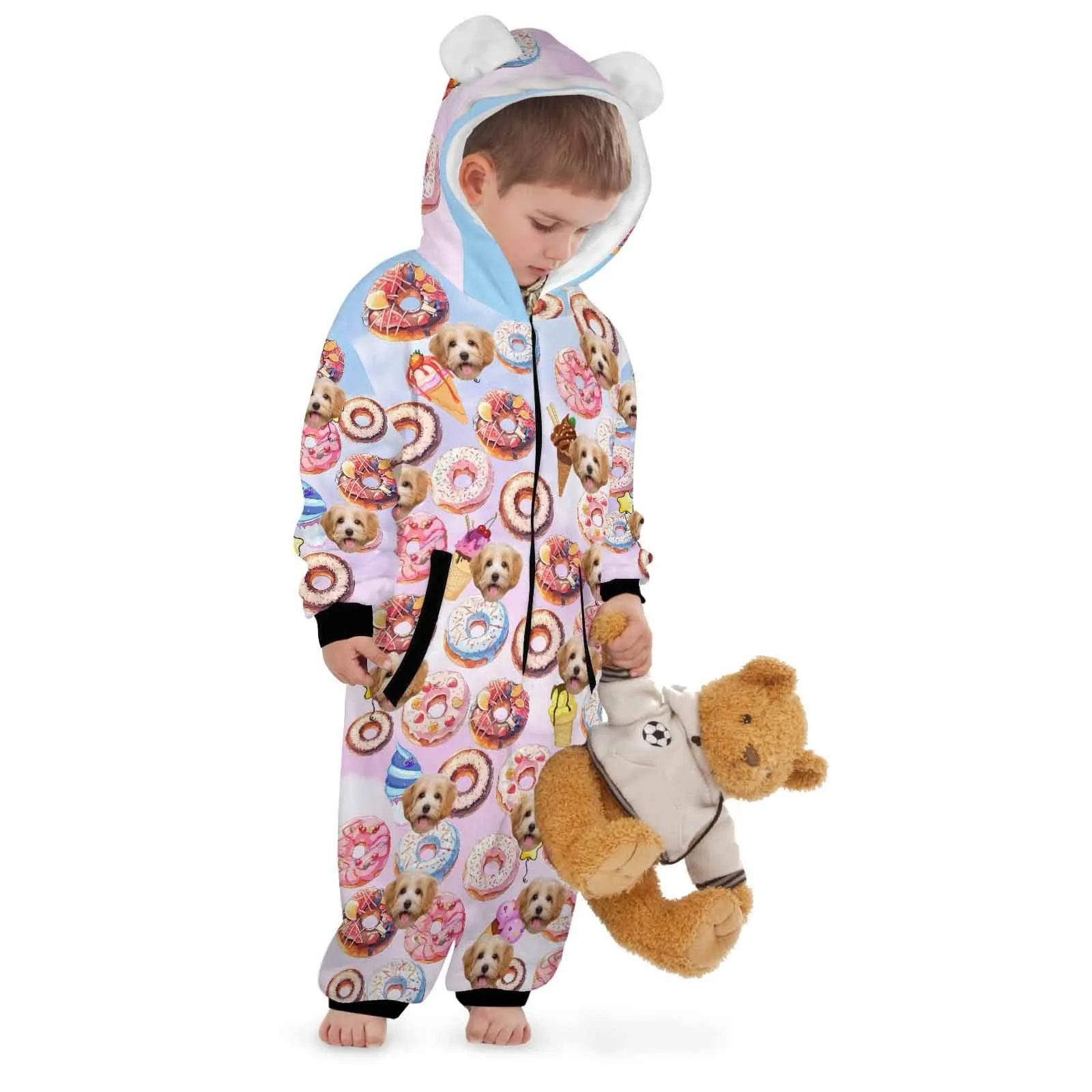 #For 2-15Y-Custom Face Donut Children's Coral Fleece Comfortable And Warm Zipper Onesie Pajamas One Piece Sleepwear