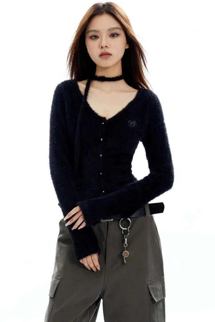 Fuzzy Scarf-Neck Skinny Cardigan