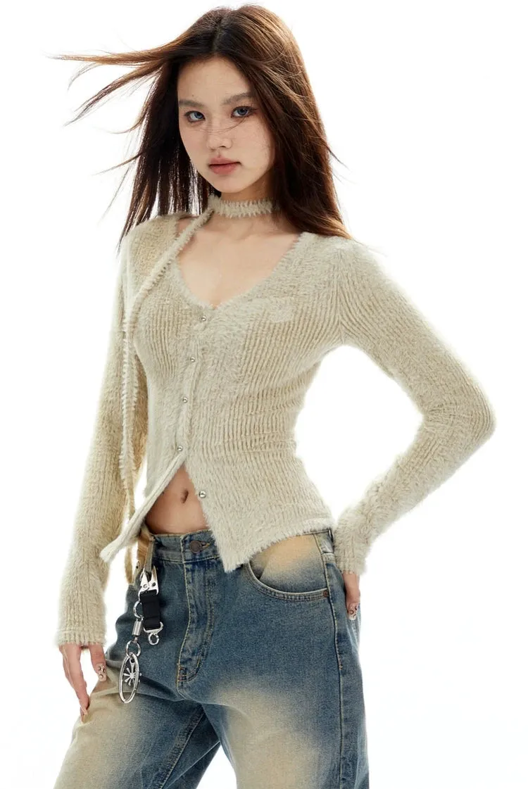 Fuzzy Scarf-Neck Skinny Cardigan