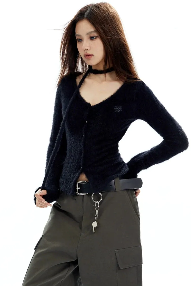 Fuzzy Scarf-Neck Skinny Cardigan