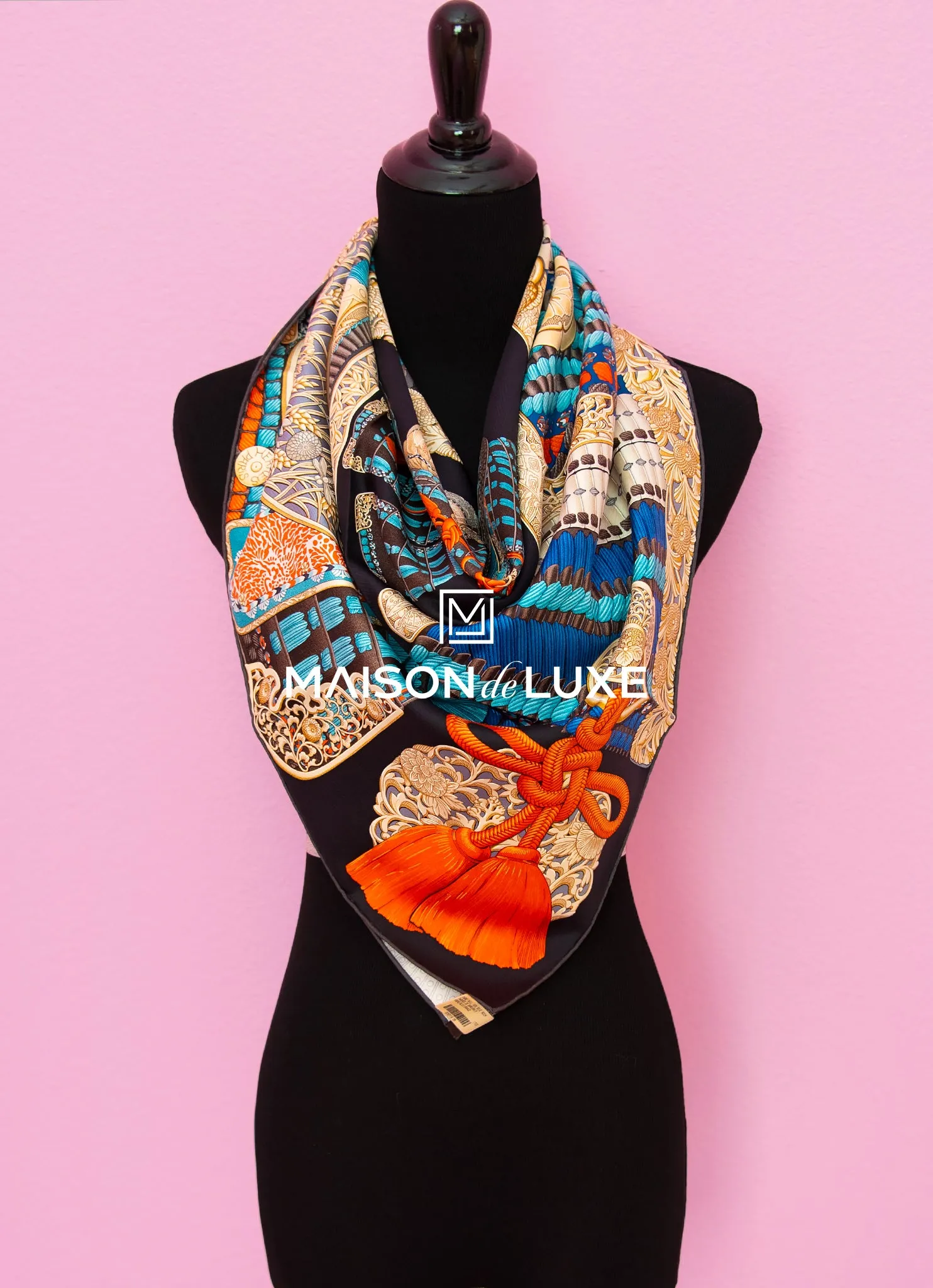 Hermes "Parures De Samourais" Ebene Twill Silk 90 cm Scarf