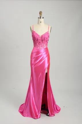 Honey Couture ALORA Fuchsia Hot Pink Embellished Bustier Corset Satin Mermaid Formal Dress