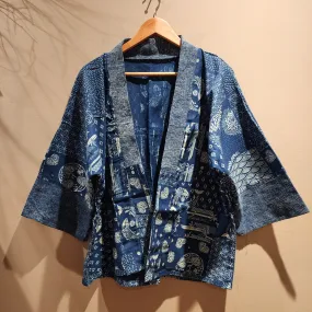 Indigo Patchwork Design Style Waves Koi Jacket