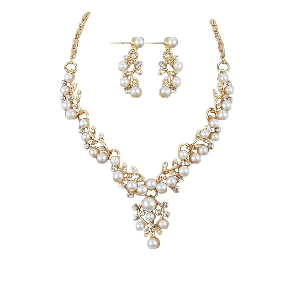 Ladies Wedding Pearl Rhinestone Leaf Necklace & Earring set