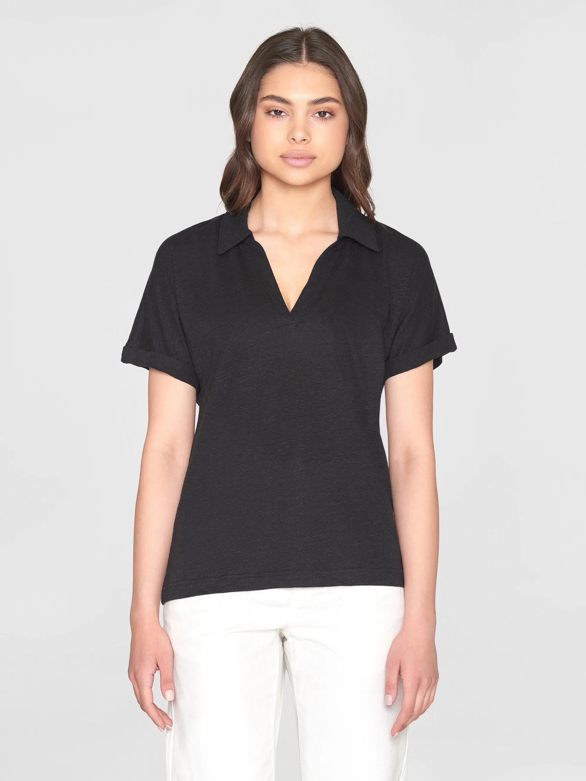 Linen bat sleeve polo - GOTS/Vegan - Black Jet