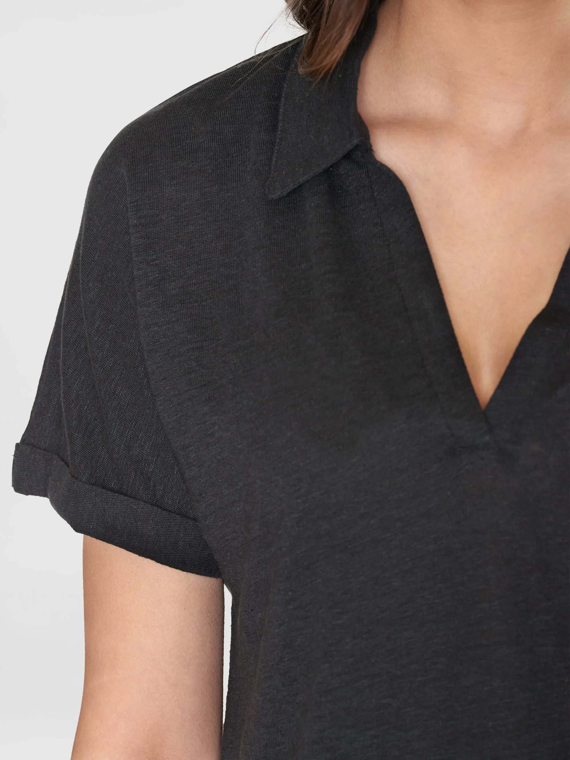 Linen bat sleeve polo - GOTS/Vegan - Black Jet