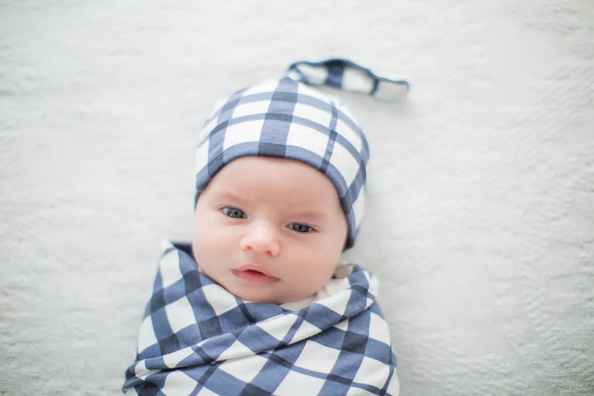 Navy Robe & Blue Gingham Swaddle Blanket Set