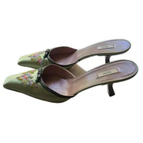 PRADA Green Floral Embroidered Kitten Heels | Size 38.5