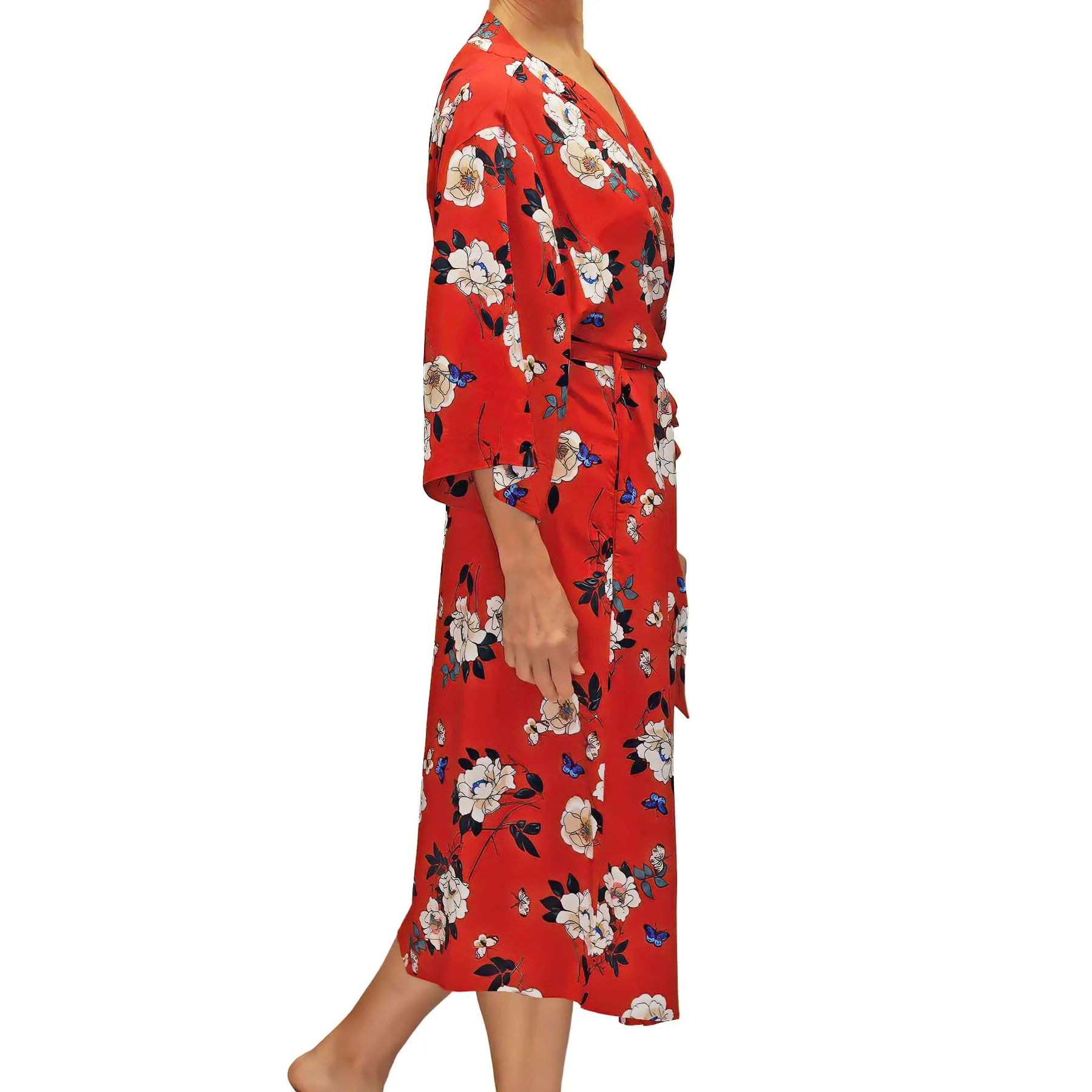 Red Floral Print Kimono Robe