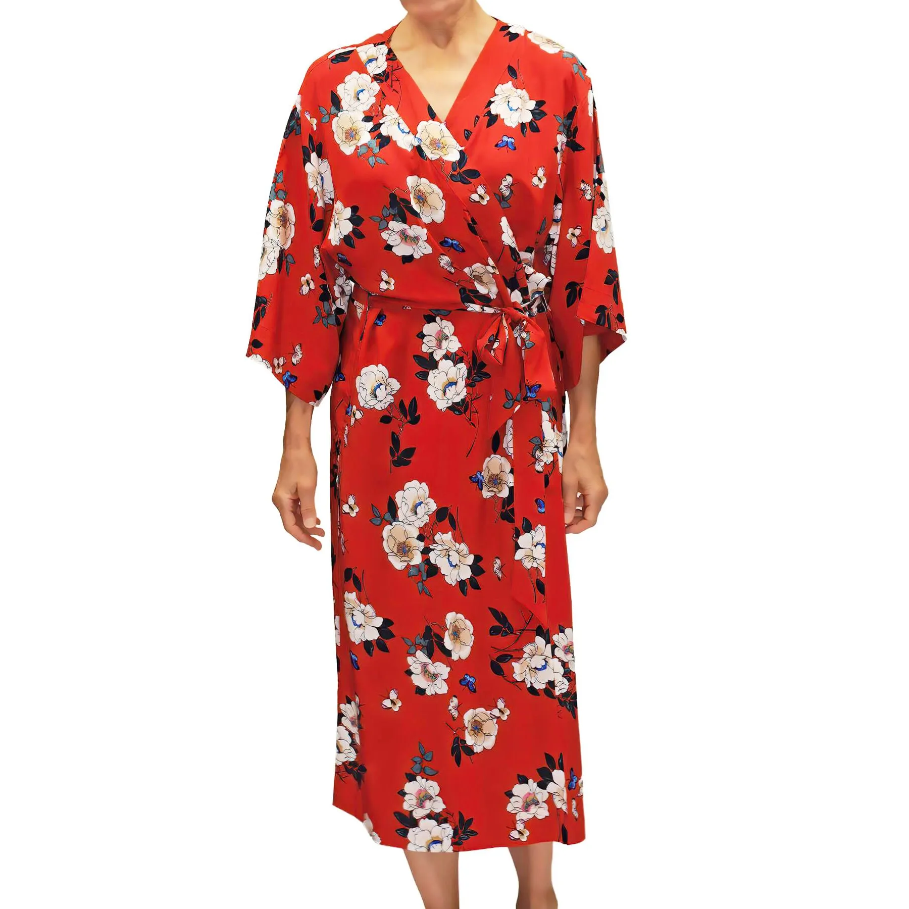 Red Floral Print Kimono Robe