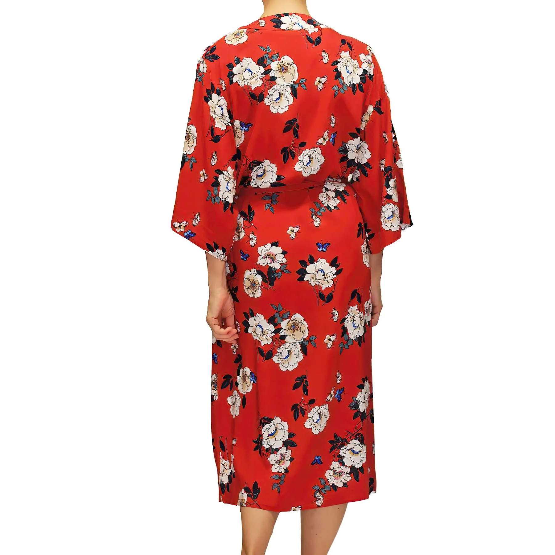 Red Floral Print Kimono Robe