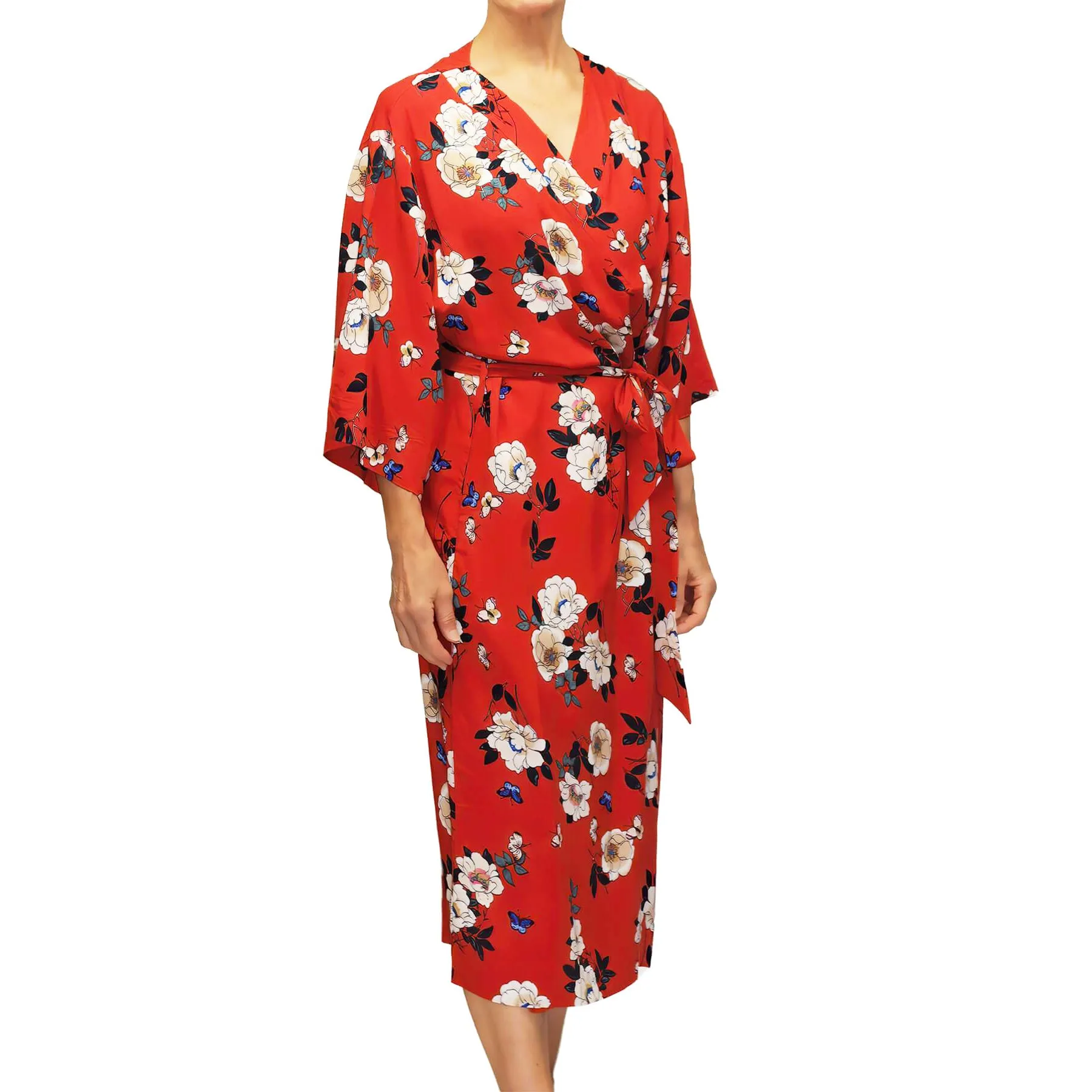 Red Floral Print Kimono Robe