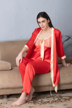 Red satin Night suit with Robe