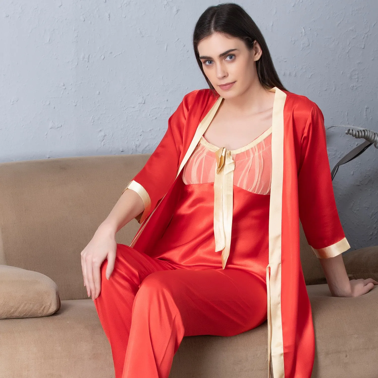 Red satin Night suit with Robe