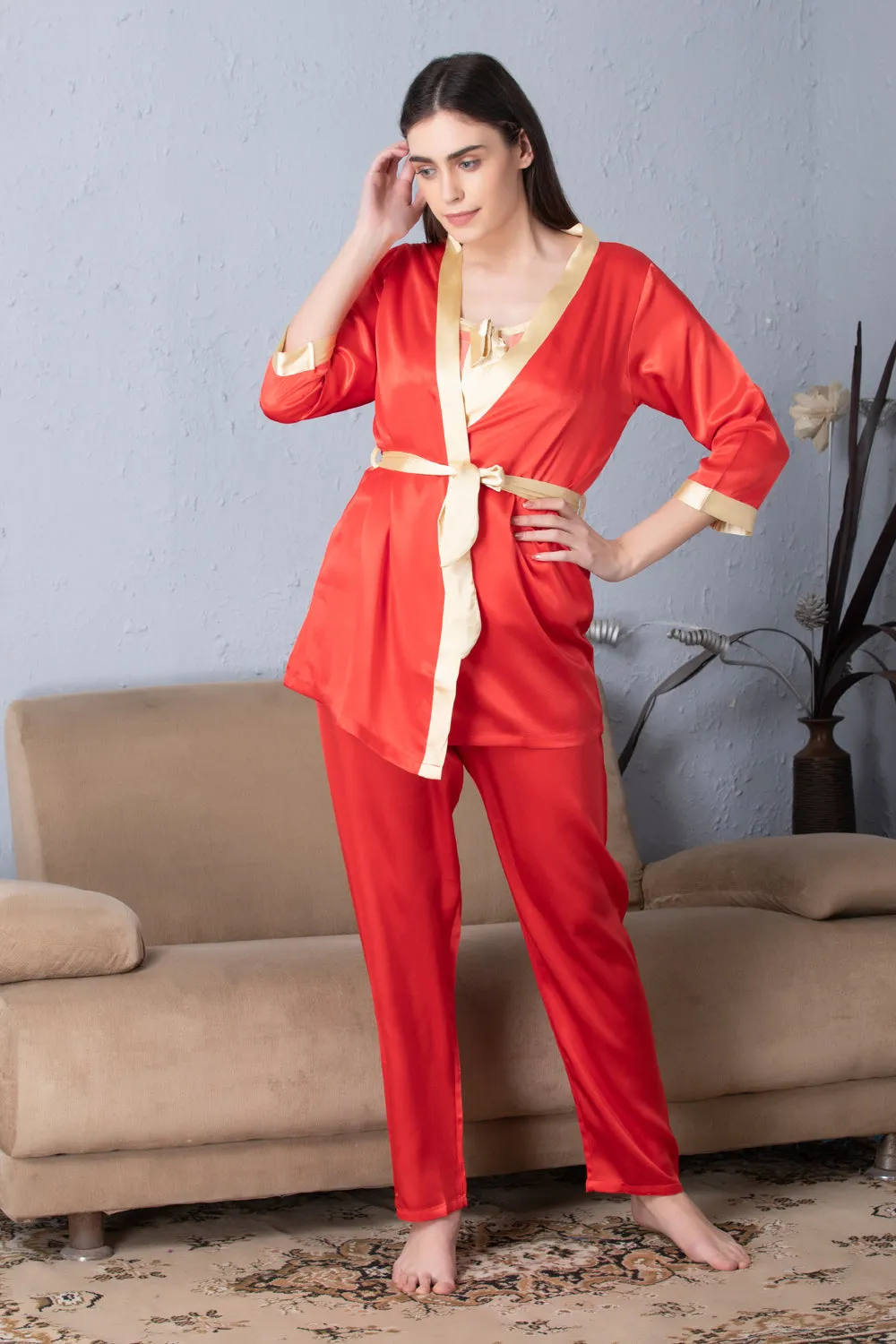 Red satin Night suit with Robe