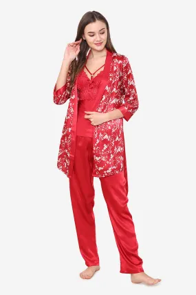 Satin Night suit with Floral Robe