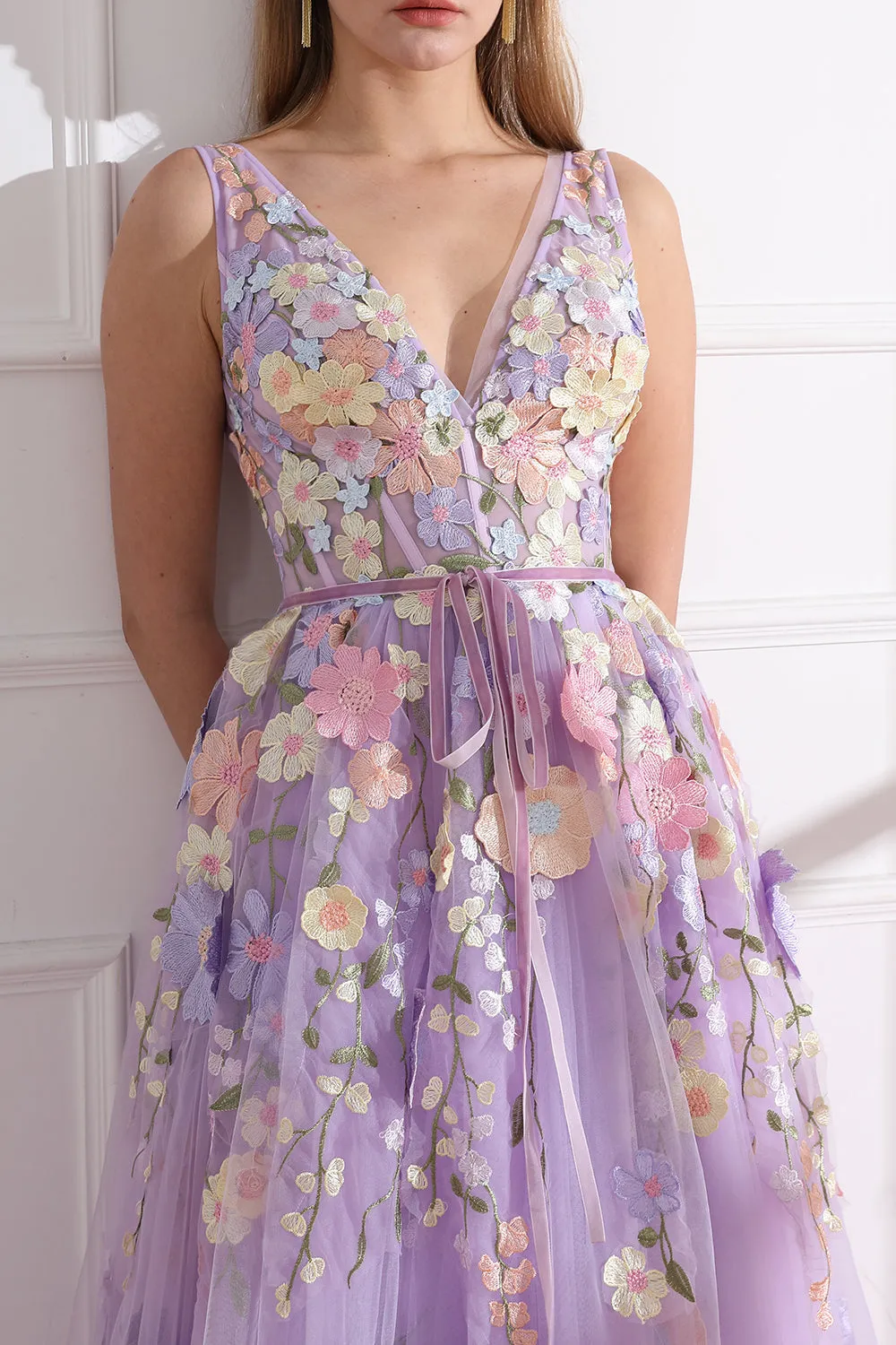 Straps V Neck Embroidery Floral Corset Lavender Dress