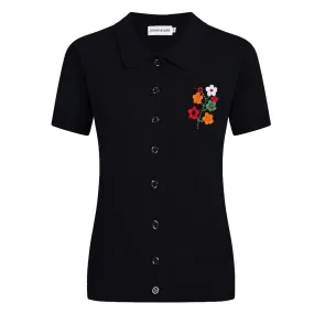 Women's black vintage embroidered floral cardigan top