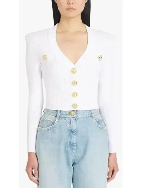 Women’s Button-Embellished Cropped Knit Cardigan, White